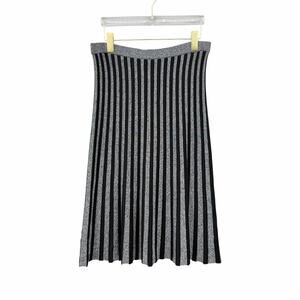 Ann Taylor Black Gray Stripe Pleated Accordion Knit Flare Academia Midi Skirt
